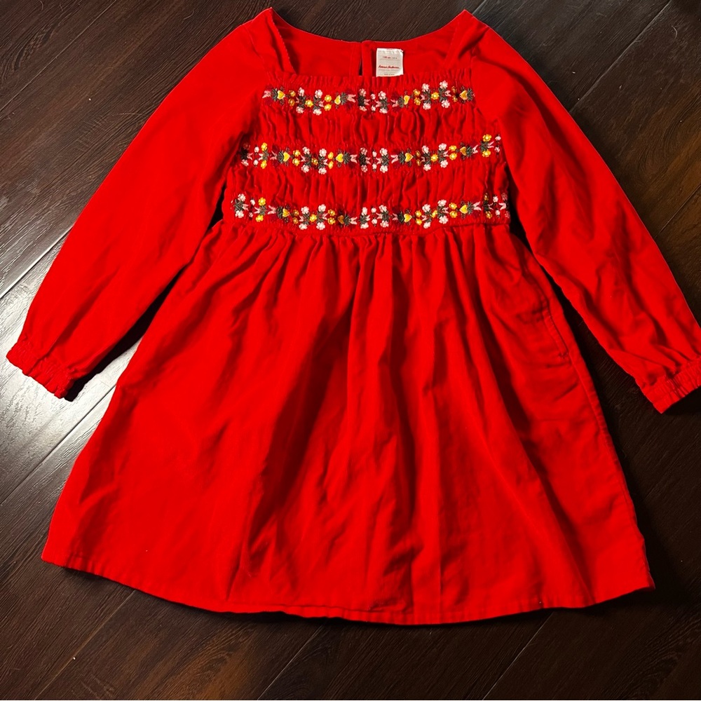 Hanna Andersson Red Festive Floral Corduroy Embroidered Dress Girl 8